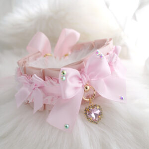 Champagne Baby Pink Bow kitten pet play collar choker necklace , white lace ruffles Rhinestone bow heart jewel, DDLG cute soft girl