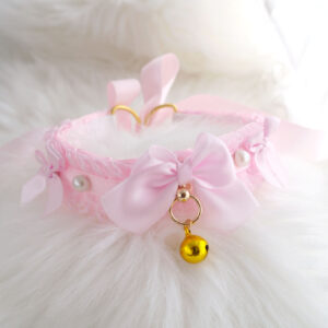 Coquette Baby Pink Lace Pet Play Collar Choker Necklace , Kitten play Gear , Pink Bow Pearl with a gold bell, Soft Goth Play Time