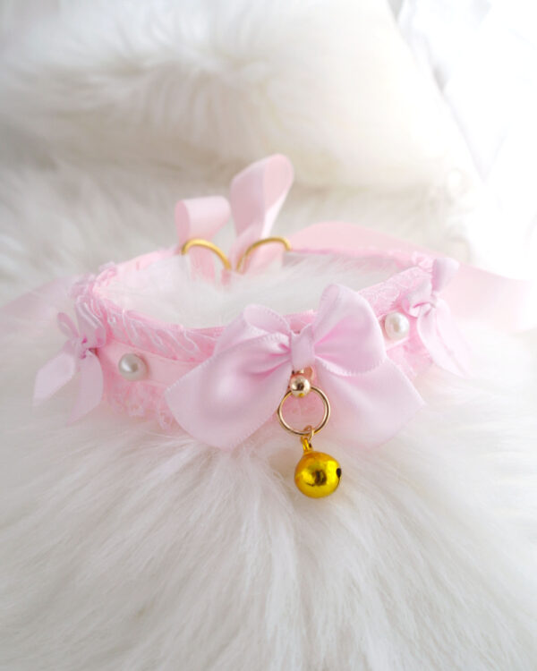 Coquette Baby Pink Lace Pet Play Collar Choker Necklace , Kitten play Gear , Pink Bow Pearl with a gold bell, Soft Goth Play Time