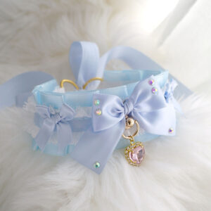 Baby Blue Bow kitten pet play collar choker necklace , white lace ruffles Rhinestone bow heart jewel, DDLG cute soft girl Accessories