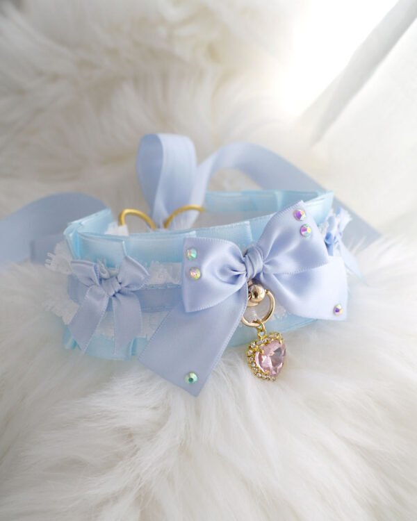 Baby Blue Bow kitten pet play collar choker necklace , white lace ruffles Rhinestone bow heart jewel, DDLG cute soft girl Accessories