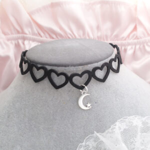 Black Heart Choker Necklace with Little Crescent Moon Pendant , Cute goth everyday Jewelry