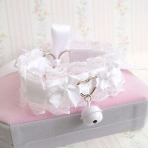 Angelic white bow , heart white lace choker necklace , kitten pet play collar , with a bell , kawaii pastel