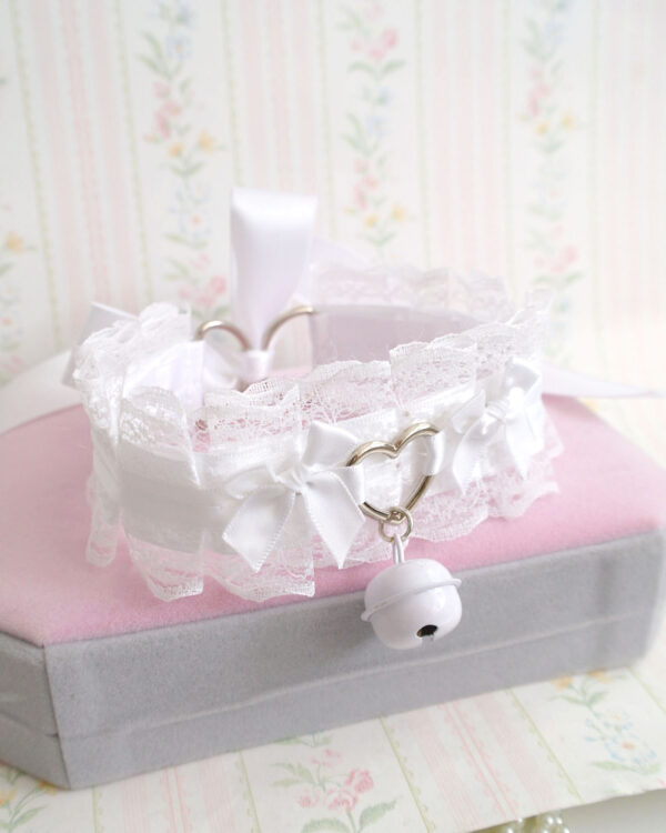 Angelic white bow , heart white lace choker necklace , kitten pet play collar , with a bell , kawaii pastel