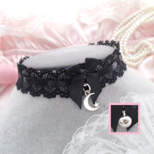 Kawaii all black lace black bow choker necklace , choose your style (Bell / Crescent Moon ) , cute day collar jewelry neko girl