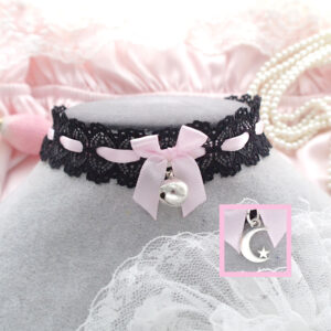 Kawaii black lace baby pink bow choker necklace , choose your style (Bell / Crescent Moon ) , cute day collar jewelry neko girl
