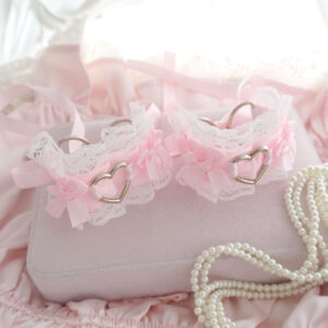 Heart Lace Cuffs Bracelet 2 pcs Set , Kitten Pet Play Gear Wrist Cuffs White Lace Baby Pink Bow , Kawaii Pastel DDLG Accessories