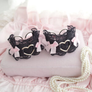 Heart Black Lace Cuffs Bracelet 2 pcs Set , Kitten Pet Play Gear Wrist Cuffs Baby Pink Bow , Kawaii Pastel DDLG Soft Goth Accessories