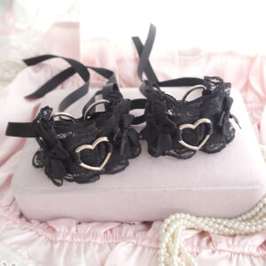 Heart Black Lace Cuffs Bracelet 2 pcs Set , Kitten Pet Play Gear Wrist Cuffs Bow , Kawaii Pastel DDLG Kawaii Goth Cosplay Accessories