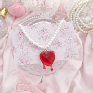 Dripping Heart Faux Pearl necklace ,bleeding red heart kawaii goth accessories, gift for her
