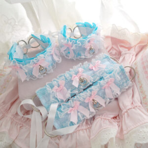 1 pair - Wrist Cuffs Bracelet or Ankle Cuffs , Kitten Pet Play Gear Light Blue White Lace Ruffles Pink Bows , Accessories