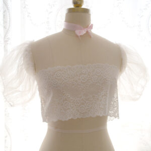 Romantic Pastel Baby Pink Tulle Tube Crop Top Off shoulder Puff Short Sleeves Mesh top Lingerie , Kawaii Clothes