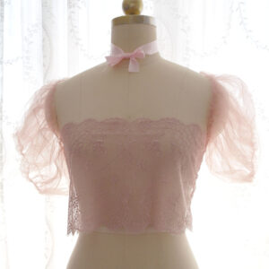 Coquette Dusty Pink Lace and Tulle Puff Sleeves Tube Crop Mesh Top Off shoulder Puff Short Sleeves lingerie , Fairy Core Soft Girl Clothing