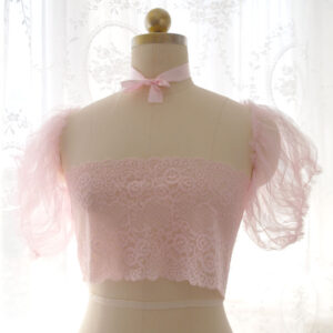 Coquette Baby Pink Lace and Tulle Puff Sleeves Tube Crop Mesh Top Off shoulder Puff Short Sleeves lingerie , Fairy Core Soft Girl Clothing