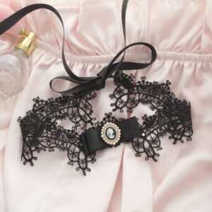 Rococo Lady Head Cameo Black Lace Choker Necklace Collar Ribbon Tie Back , Victorian Style Jewelry Dark Gothic