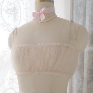 Romantic Light Peach Beige Tulle Tube Camisole Bralette Crop Mesh Top ,Tie Straps , Lingerie , Kawaii Clothes