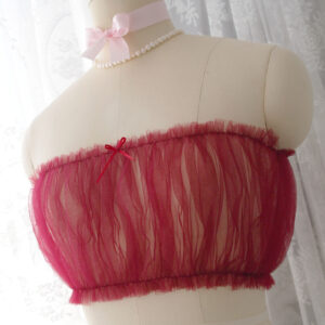 Coquette Burgundy Red Soft Tulle Bralette Tube Crop Mesh Top with a bow , Fairy Core Soft Girl Clothing, Great for layering