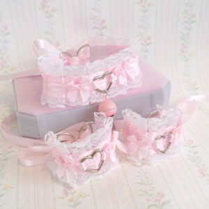 Collar and Cuffs Set ,Heart Baby Pink White Lace Kitten Pet Play Gear, Costume Choker Necklace With Bow Bell , pastel DDLG Cute