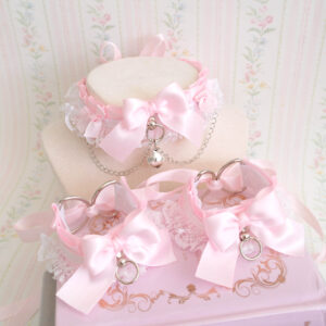 Collar and Wrist Cuffs Set ,Baby Pink Bow White Lace Ruffles Kitten Pet Play Gear Chain Choker , Cute Alternative accessoreis