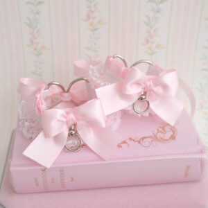 Baby Pink Cuffs Set 2 pcs for Wrist / Ankle ,White Lace Ruffles Bow Kitten Pet Play Gear Bracelet Ankle Cuffs , Alternative Accessories