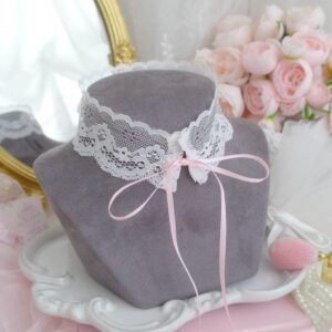 Soft Girl White Lace Baby Pink Bow Ribbon Tie choker necklace , kawaii cute day collar jewelry tie back Pretty Rococo Style
