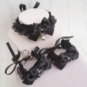 Collar and Wrist Cuffs Set ,Black Bow Lace Ruffles Kitten Pet Play Gear Chain with Bell Choker , Cute Alternative accessoreis