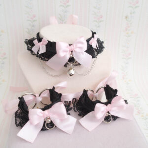 Collar and Wrist Cuffs Set ,Black Lace Ruffles Baby Pink Bow Kitten Pet Play Gear Chain with Bell Choker , Cute Alternative accessoreis