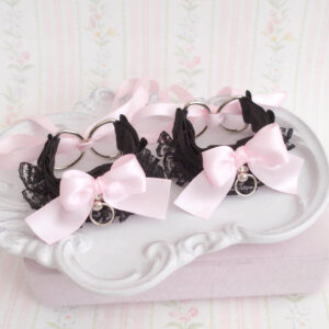 Black lace cuffs 2 pcs Set for Wrist Or Ankle ,Kitten Pet Play Gear Bracelets Cuffs lace ruffles baby pink bow , pastel goth accessoreis