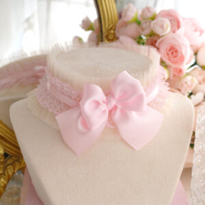 Baby Pink Bow Beige Tulle Ruffles Lace choker necklace collar , satin tie closure , DDLG kawaii princess soft girl Jewelry pastel