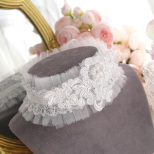 Soft Girl Romantic White Tulle Lace Faux Pearl Embroidery Bow Ribbon Tie back choker necklace , Fairy Core collar jewelry Bridal Wedding