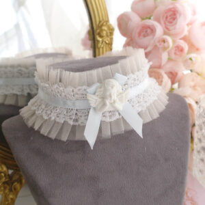 Rococo Style Cherub Little Angle Beige Tulle White Lace Ruffles Baby Blue Bow choker necklace collar , satin tie , Fairy core neck ruff