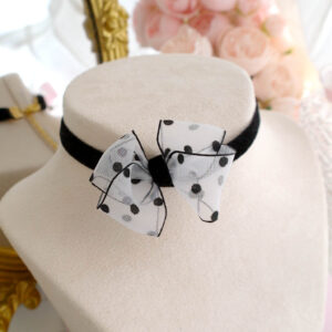 Coquette Polka Dot White Bow Black Velvet Choker Necklace , cute accessories soft girl jewelry everyday collar bowtie, Handmade