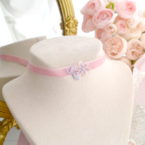 Baby Pink Velvet Fairy Core Embroidery Lilac Flower Skinny Choker Necklace Jewelry , Dainty Cute Soft Girl Core