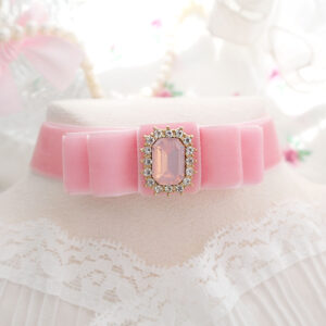 Coquette Blush Pink Velvet Bow choker necklace, bling rhinestone super cute soft girl day collar kawaii princess core , hanamade