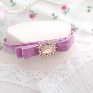 Coquette Lilac Purple Velvet Bow choker necklace, bling rhinestone soft girl day collar Fairy princess core , hanamade Jewelry