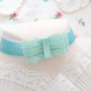 Coquette Romantic Mint Green Lace Bow Velvet Choker Necklace , Pastel Seafoam Green Bowtie Collar Fairy Core Jewelry