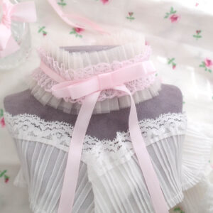 Romantic Beige Tulle Pink Lace Baby Pink Bow Choker Necklace Collar , Ribbon Tie Closure , Princess Rairy Core Pastel Jewellery , Handmade