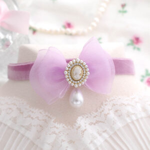 Lilac Purple Bow Velvet Choker Necklace with Faux Pearl Victorian Style Cameo Pendant , Coquette Soft Girl Style Day Collar ,handmade