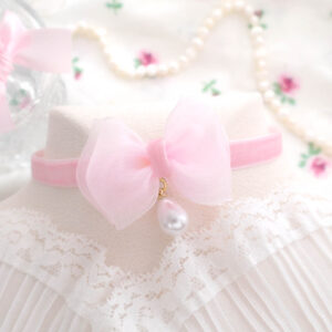 Coquette Baby Pink Bow Velvet Choker Necklace with a Faux Pearl Pendant , cute princess core jewellery , gift for her , soft girl ,Handmade