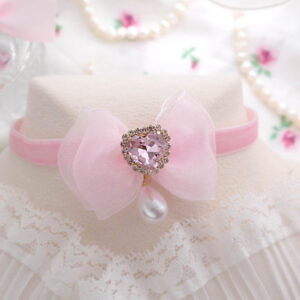 Heart Rhinestone Coquette Baby Pink Bow Velvet Choker Necklace with a Faux Pearl Pendant , cute princess core jewellery , gift for her