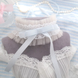 Romantic Baby Blue Bow Beige Tulle Choker Necklace Lace Collar , White Lace Ruffles Ribbon Tie Closure , Soft Girl jewelry rococo neck ruff