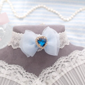 Royal Blue Rhinestone Heart Light Blue Bow White Lace choker necklace , soft girl aesthetic Glam Fairy Princess Core jewelry ,Handmade