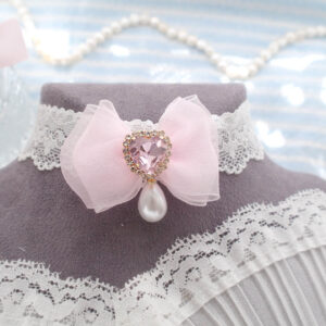 Rhinestone Heart Baby Pink Bow White Lace choker necklace ,with a faux pearl pendant , soft girl Glam Fairy Princess Core jewelry ,Handmade