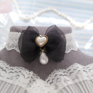 Classic Pearl Heart Black Bow White Lace choker necklace ,with a faux pearl pendant , Timeless Glam Princess Core jewelry ,Handmade