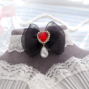 Princess Core Red Rhinestone Heart Black Bow White Lace choker necklace ,with a faux pearl pendant , Timeless Glam jewelry ,Handmade
