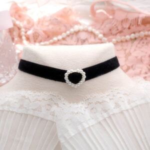 Black Velvet Little Pearl Heart Choker Necklace , Timeless Everyday Collar Accessories Cute Fashion Jewelry