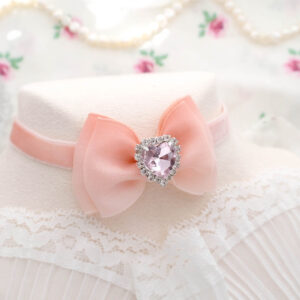 Coquette Pink Heart Rhinestone Peach Pink Bow Velvet choker necklace , soft girl aesthetic Glam Fairy Princess Core jewelry ,Handmade