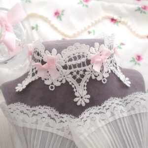 Coquette core baby pink bow white lace wide choker necklace collar , soft girl aesthetic kawaii jewelry accessories