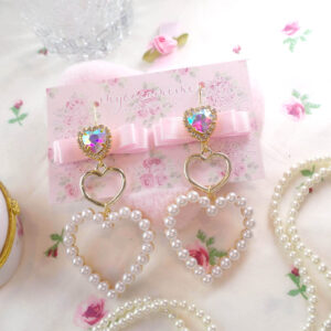 Coquette Earrings Pearl Heart Baby Pink Bow Rhinestone Heart (choose your style - Dangle / Clip On), Cute Romantic Soft Girl Jewelry