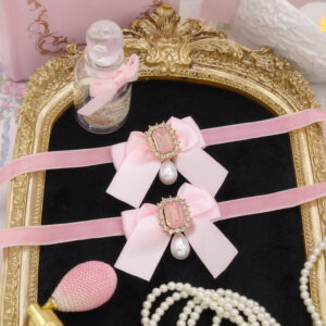 Coquette luxury baby pink velvet choker necklace satin bow rhinestone faux pearl pendant , daily soft girl princess collar , fairy core cute